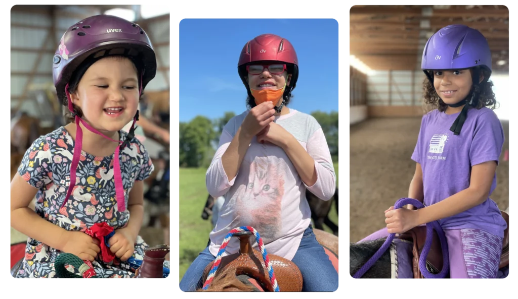 A collage of three different people riding horses.