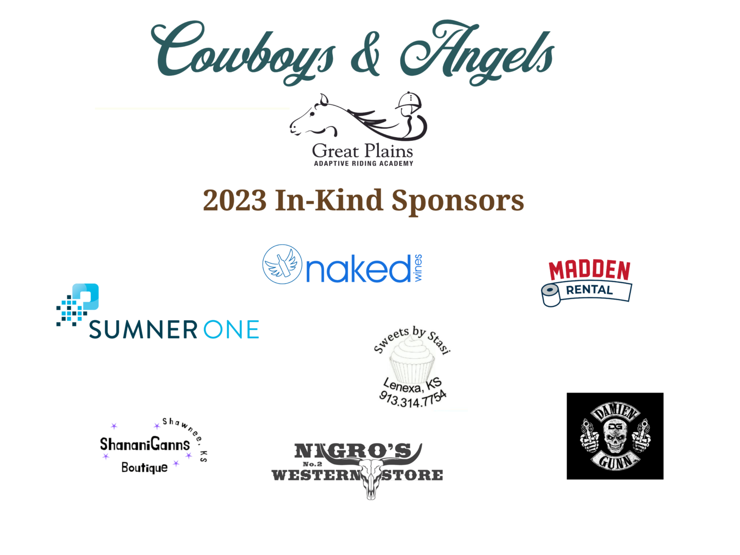 A group of sponsors for the cowboys and angels event.