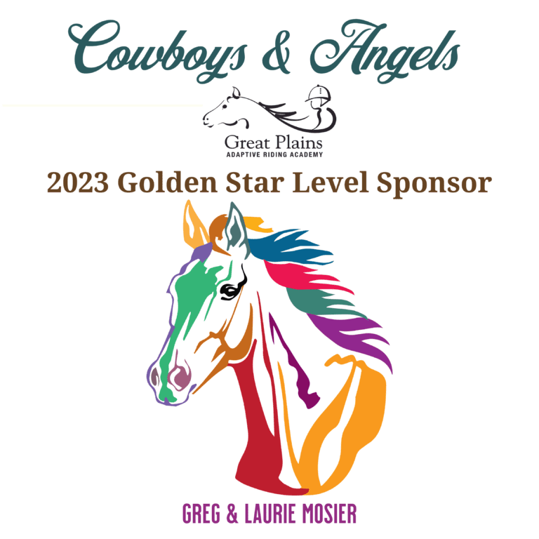 A colorful horse with the words cowboys & angels 2 0 2 3 golden star level sponsor